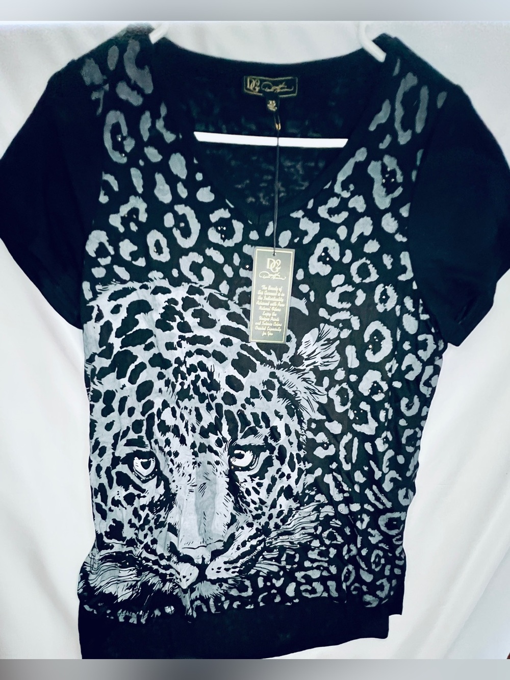 DG2 Diane Gilman Leopard Burnout Embellished V-Neck Top NWT XS